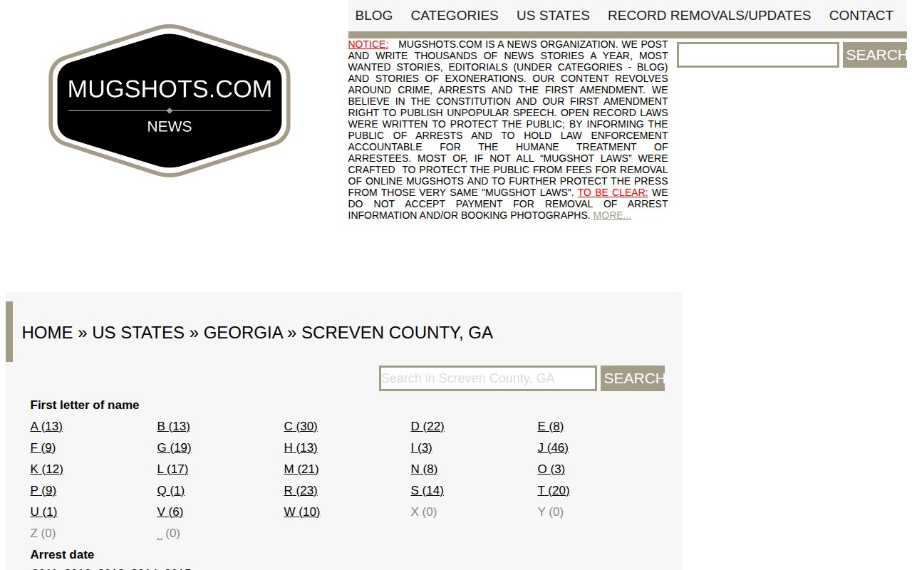 Historical Mugshots.com Screven County archive