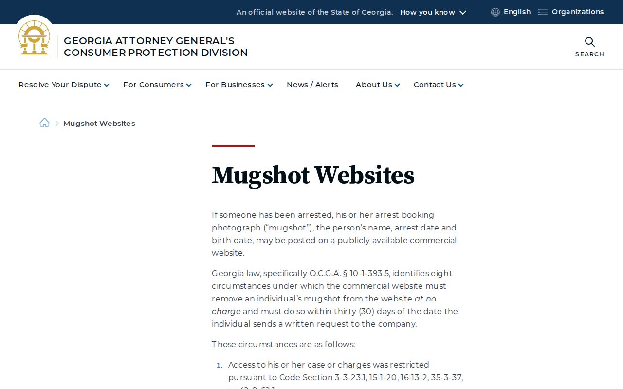Georgia Attorney General guidance on mugshot website removal law