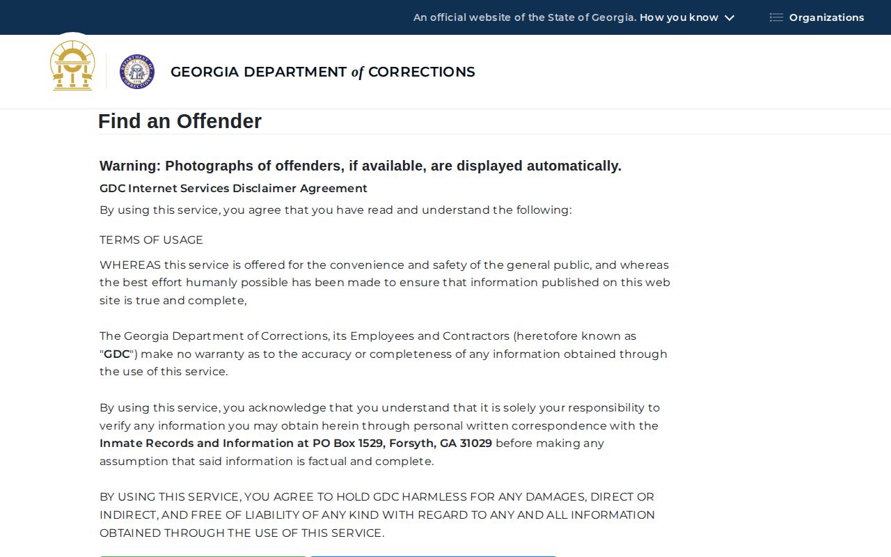 Georgia Department of Corrections offender search for state-sentence records