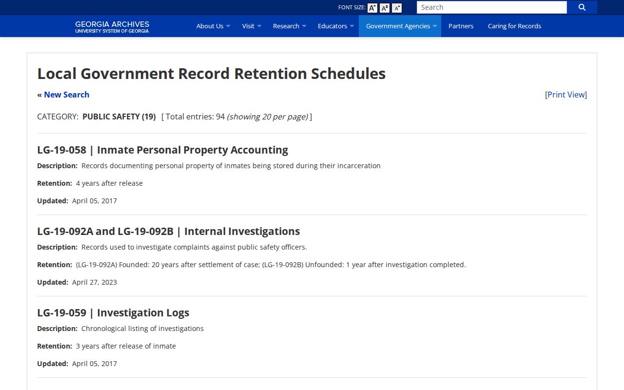 Georgia Archives public safety retention schedule for jail booking records